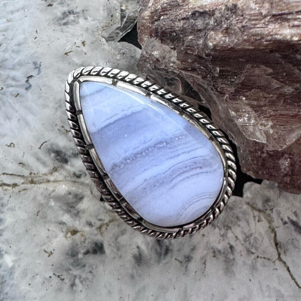 Sterling Southwestern Style Blue Lace Agate Decorated Ring Size 6.75 For Women